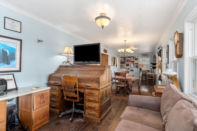 office area featuring dark wood-style floors, ornamental molding, and a chandelier