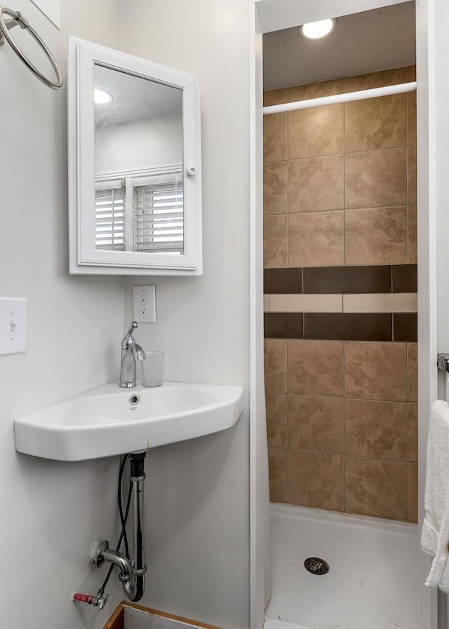 bathroom featuring a stall shower and a sink