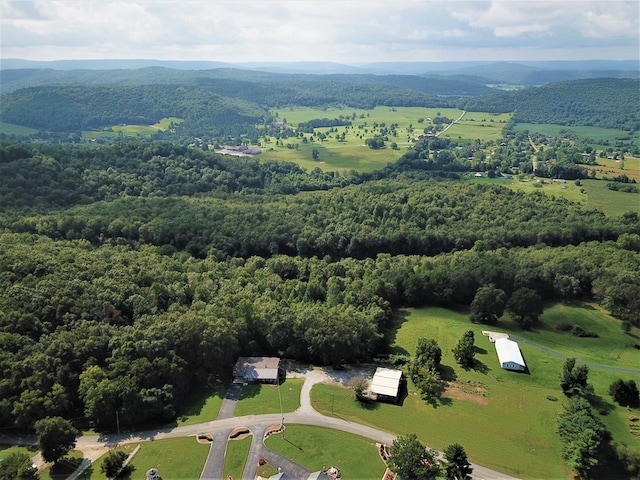 bird's eye view with a mountain view and a forest view