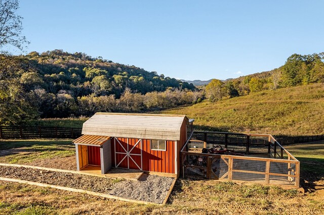 view of poultry coop with fence and a rural view