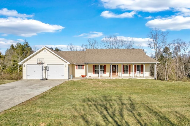 ranch-style house featuring a garage, driveway, covered porch, and a front yard