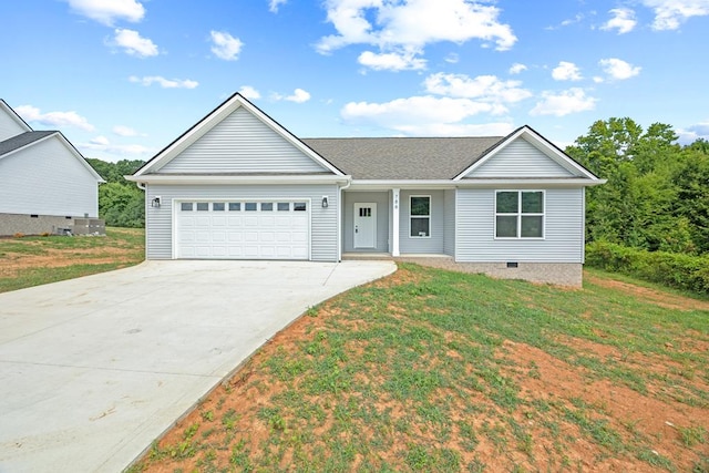 ranch-style home with crawl space, concrete driveway, an attached garage, and a front lawn