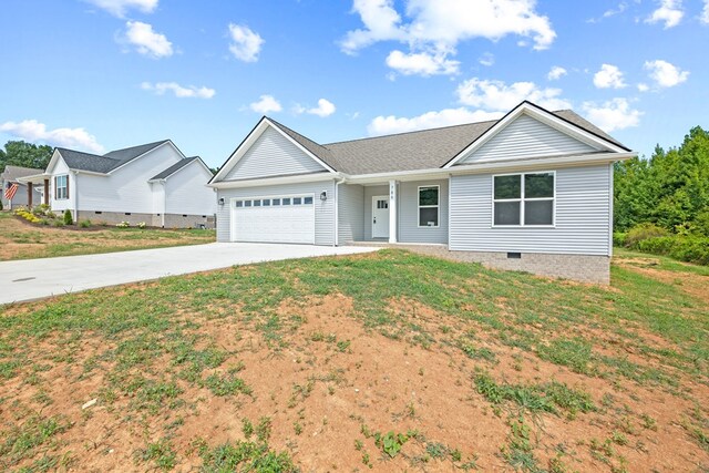 single story home with an attached garage, concrete driveway, crawl space, and a front yard