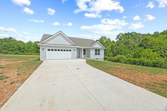 ranch-style house with an attached garage, crawl space, driveway, and a front yard