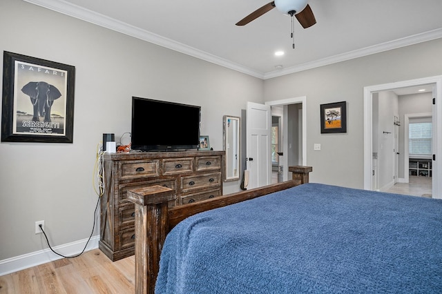 bedroom with baseboards, a ceiling fan, crown molding, light wood-type flooring, and recessed lighting