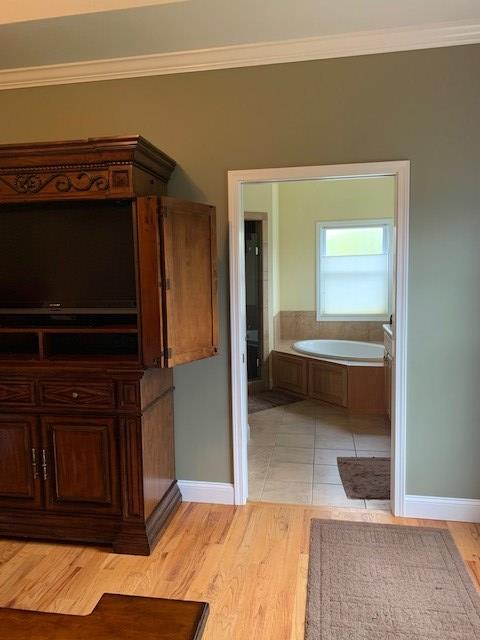 bathroom with a garden tub, baseboards, ornamental molding, and wood finished floors