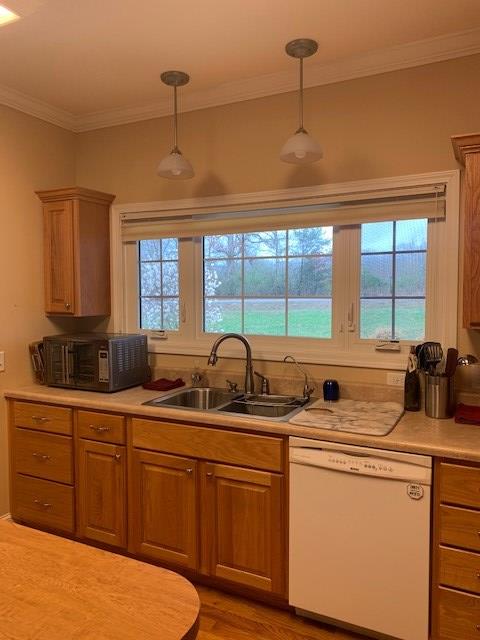 kitchen featuring pendant lighting, light countertops, white dishwasher, and a sink