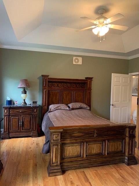 bedroom with a ceiling fan, light wood-type flooring, a raised ceiling, and crown molding