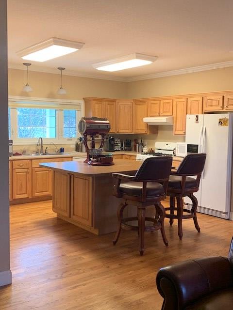 kitchen with decorative light fixtures, light countertops, ornamental molding, white appliances, and under cabinet range hood