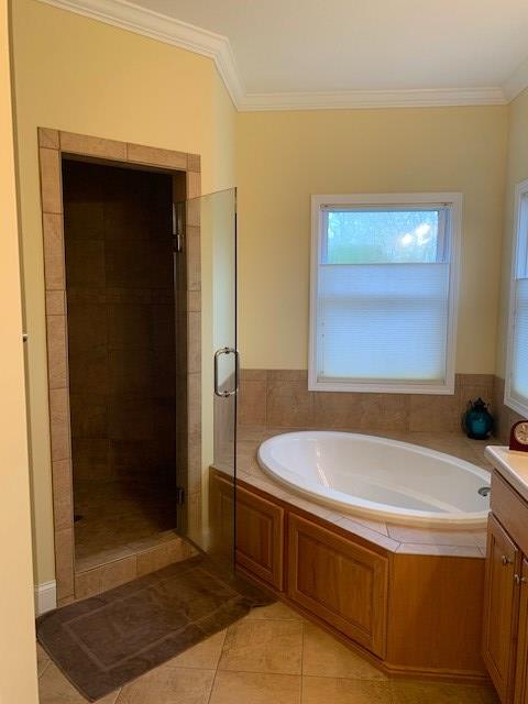 full bathroom featuring ornamental molding, tile patterned flooring, vanity, and a shower stall