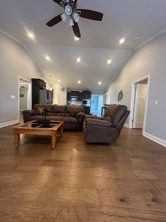 living room with high vaulted ceiling, baseboards, a ceiling fan, and recessed lighting