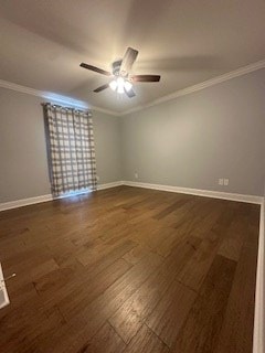 unfurnished room featuring a ceiling fan, crown molding, baseboards, and wood finished floors