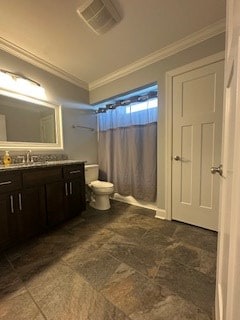 bathroom featuring curtained shower, visible vents, toilet, ornamental molding, and vanity