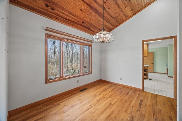 unfurnished dining area featuring visible vents, light wood finished floors, vaulted ceiling, wood ceiling, and a chandelier