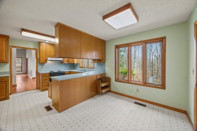 kitchen with visible vents, ventilation hood, electric range oven, a peninsula, and brown cabinetry