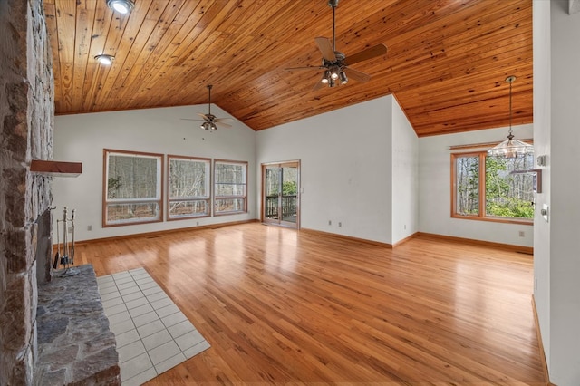 unfurnished living room featuring high vaulted ceiling, wooden ceiling, a fireplace, light wood finished floors, and baseboards