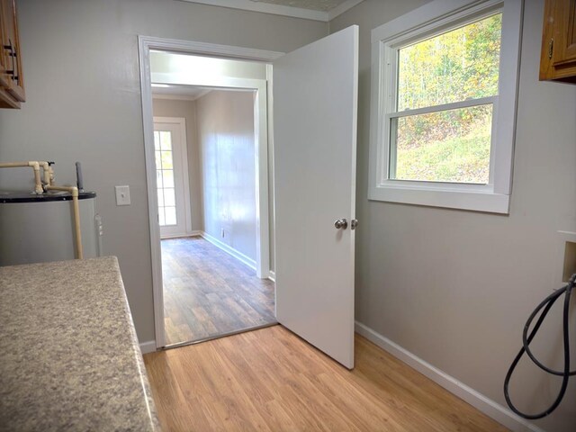 interior space with light wood-type flooring, water heater, baseboards, and crown molding