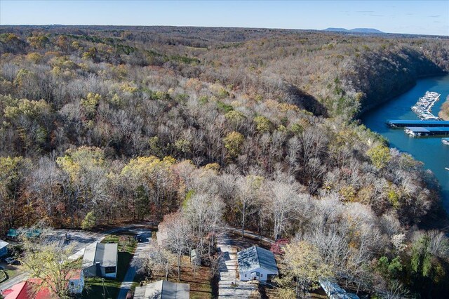 bird's eye view featuring a water view and a wooded view