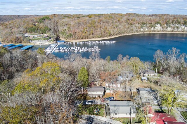 drone / aerial view featuring a water view and a view of trees