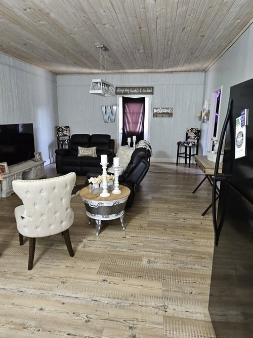 living room with wood finished floors and wood ceiling