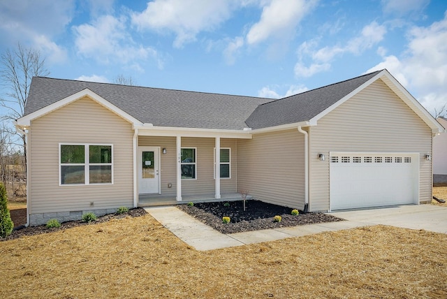 single story home featuring roof with shingles, driveway, a porch, a garage, and crawl space