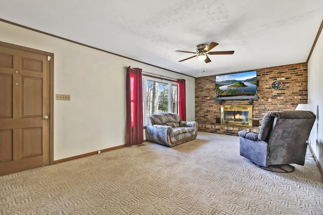 unfurnished living room with a brick fireplace, light colored carpet, ceiling fan, and a textured ceiling