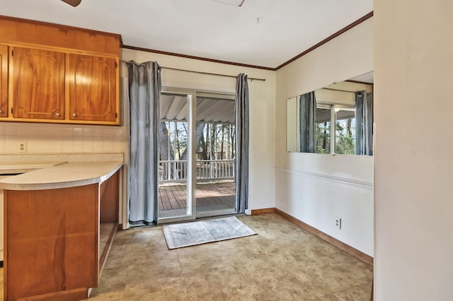 doorway with ornamental molding, a healthy amount of sunlight, and baseboards