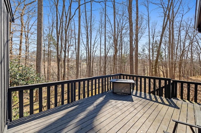 wooden deck with a wooded view