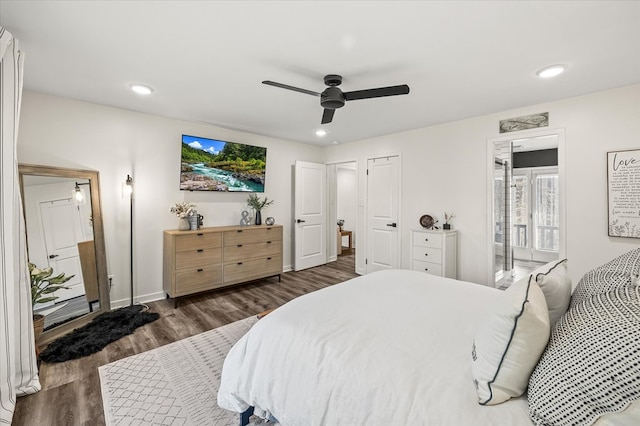 bedroom with ceiling fan, baseboards, wood finished floors, and recessed lighting