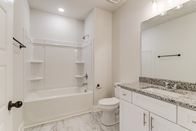 bathroom featuring baseboards, toilet, marble finish floor, vanity, and shower / bathing tub combination