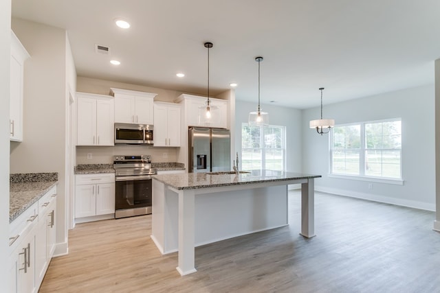 kitchen featuring stainless steel appliances, a kitchen island with sink, white cabinetry, and decorative light fixtures