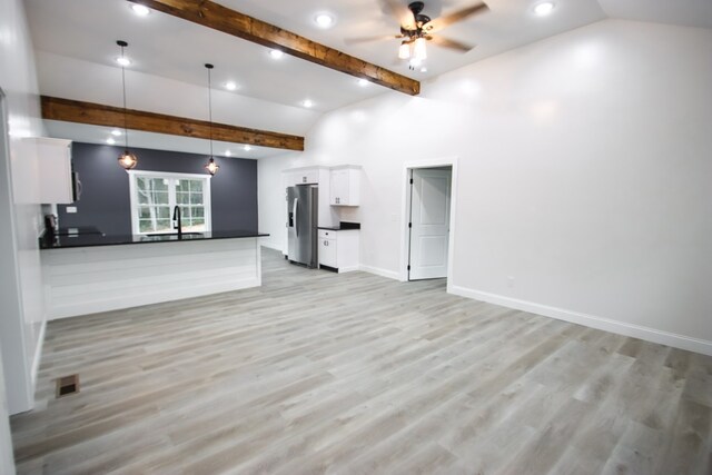 unfurnished living room with a sink, visible vents, baseboards, light wood finished floors, and beamed ceiling