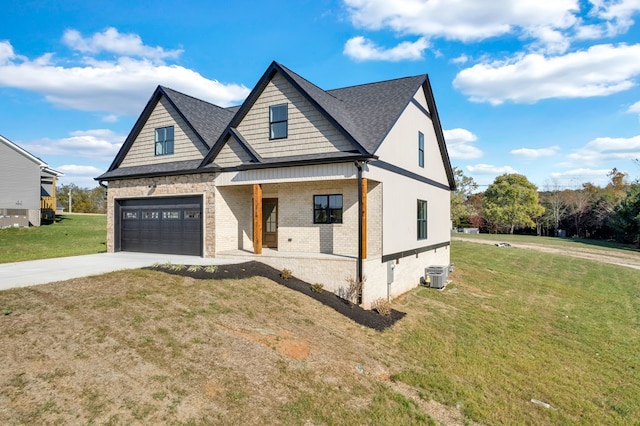 view of front of home featuring brick siding, central air condition unit, covered porch, driveway, and a front lawn