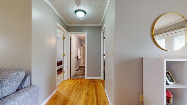 hallway with a textured ceiling, light wood-type flooring, baseboards, and crown molding