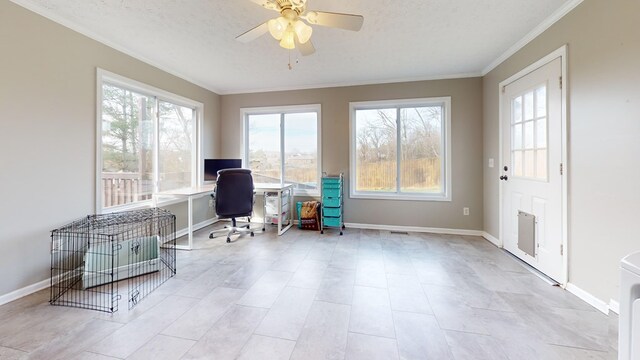 office with a textured ceiling, ornamental molding, and baseboards