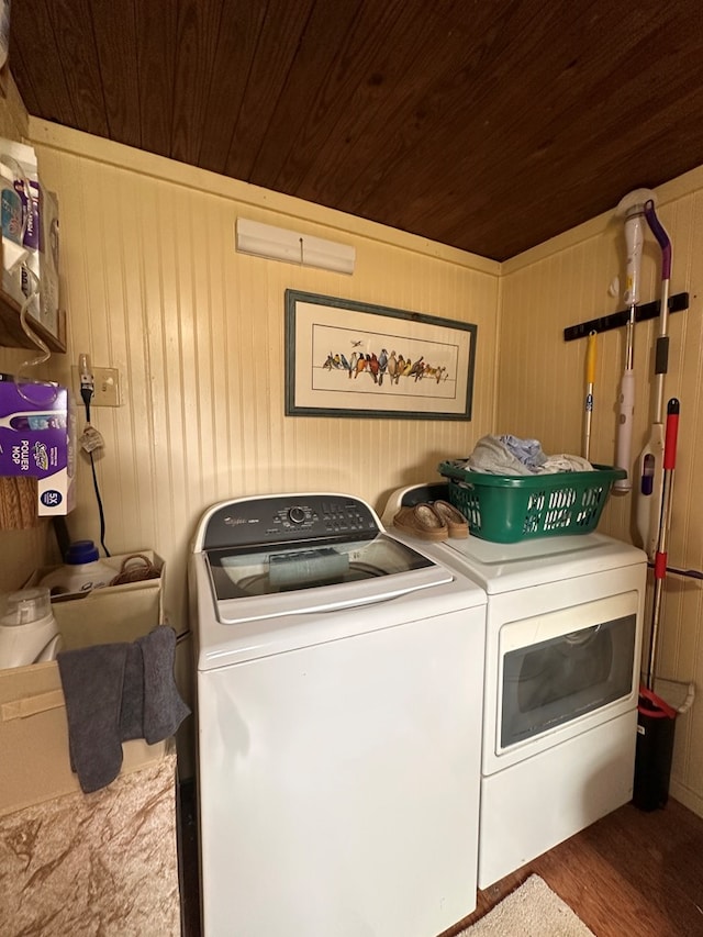 washroom with laundry area, wood finished floors, independent washer and dryer, and wooden ceiling