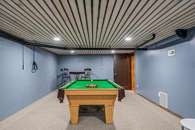 recreation room featuring visible vents, billiards, and carpet flooring