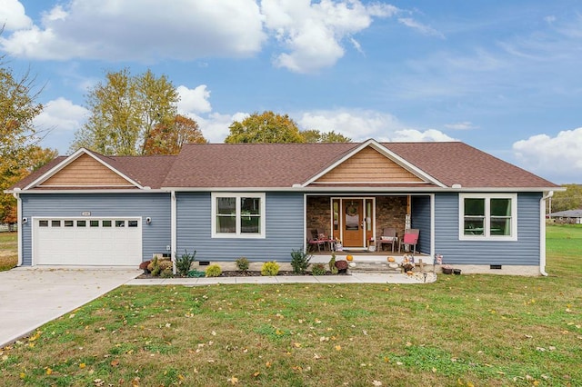 ranch-style house featuring an attached garage, covered porch, concrete driveway, crawl space, and a front lawn