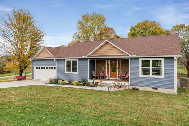 ranch-style house featuring a garage, concrete driveway, crawl space, covered porch, and central air condition unit