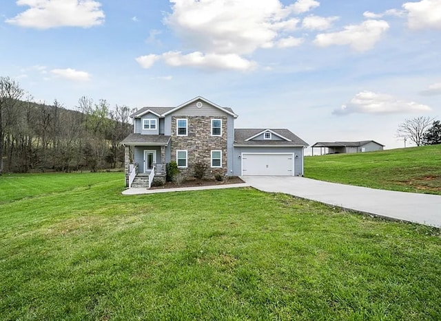 view of front of house with a garage, a front yard, stone siding, and concrete driveway