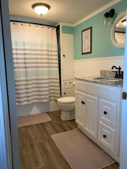 bathroom with toilet, a wainscoted wall, wood finished floors, a textured ceiling, and vanity