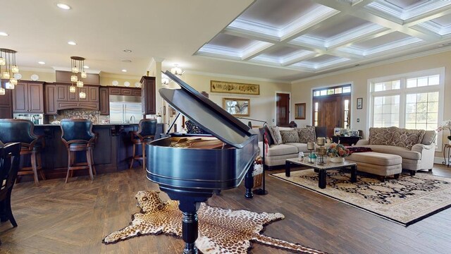 living room featuring beam ceiling, crown molding, recessed lighting, coffered ceiling, and parquet flooring