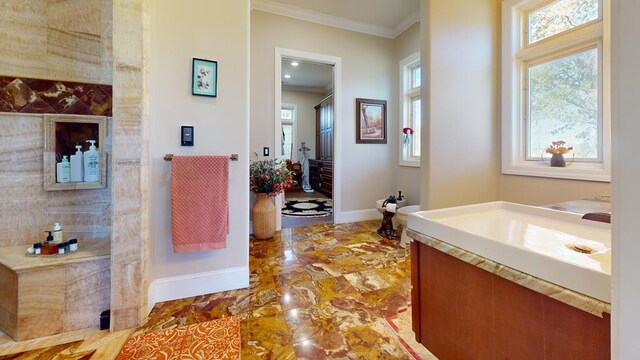 bathroom featuring ornamental molding, vanity, and baseboards