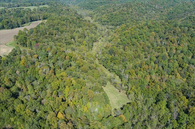 drone / aerial view with a wooded view