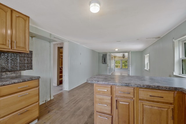 kitchen featuring open floor plan, dark countertops, light wood-style flooring, and a ceiling fan