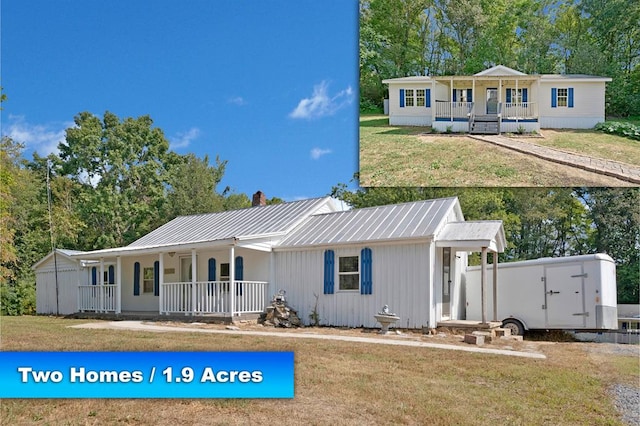 view of front of property with a porch, metal roof, and a front lawn