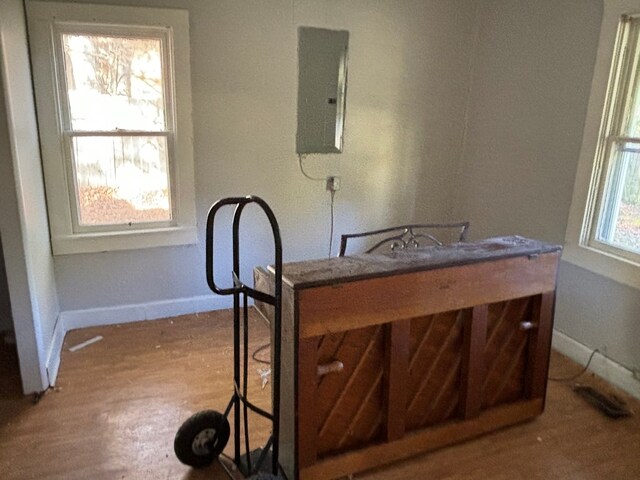 bedroom featuring light wood-style floors, electric panel, baseboards, and multiple windows