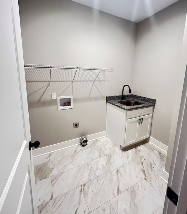 washroom featuring hookup for a washing machine, laundry area, a sink, marble finish floor, and electric dryer hookup