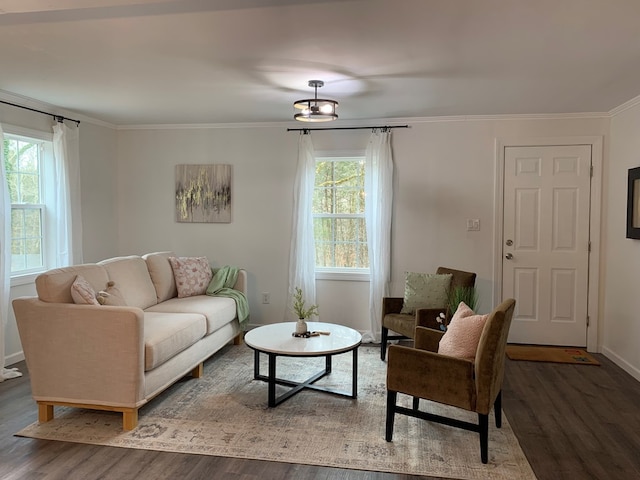 living area with ornamental molding, plenty of natural light, wood finished floors, and baseboards