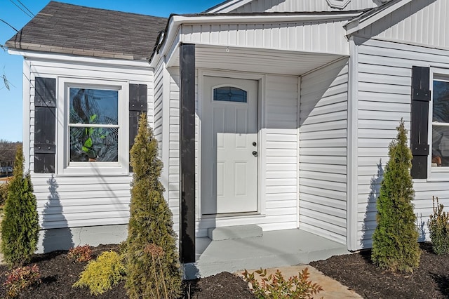 view of exterior entry with a shingled roof and board and batten siding